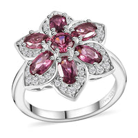 Premium Tanzanian Wine Garnet, White Zircon Floral Ring in Rhodium Over Sterling Silver (Size 10.0) 2.50 ctw