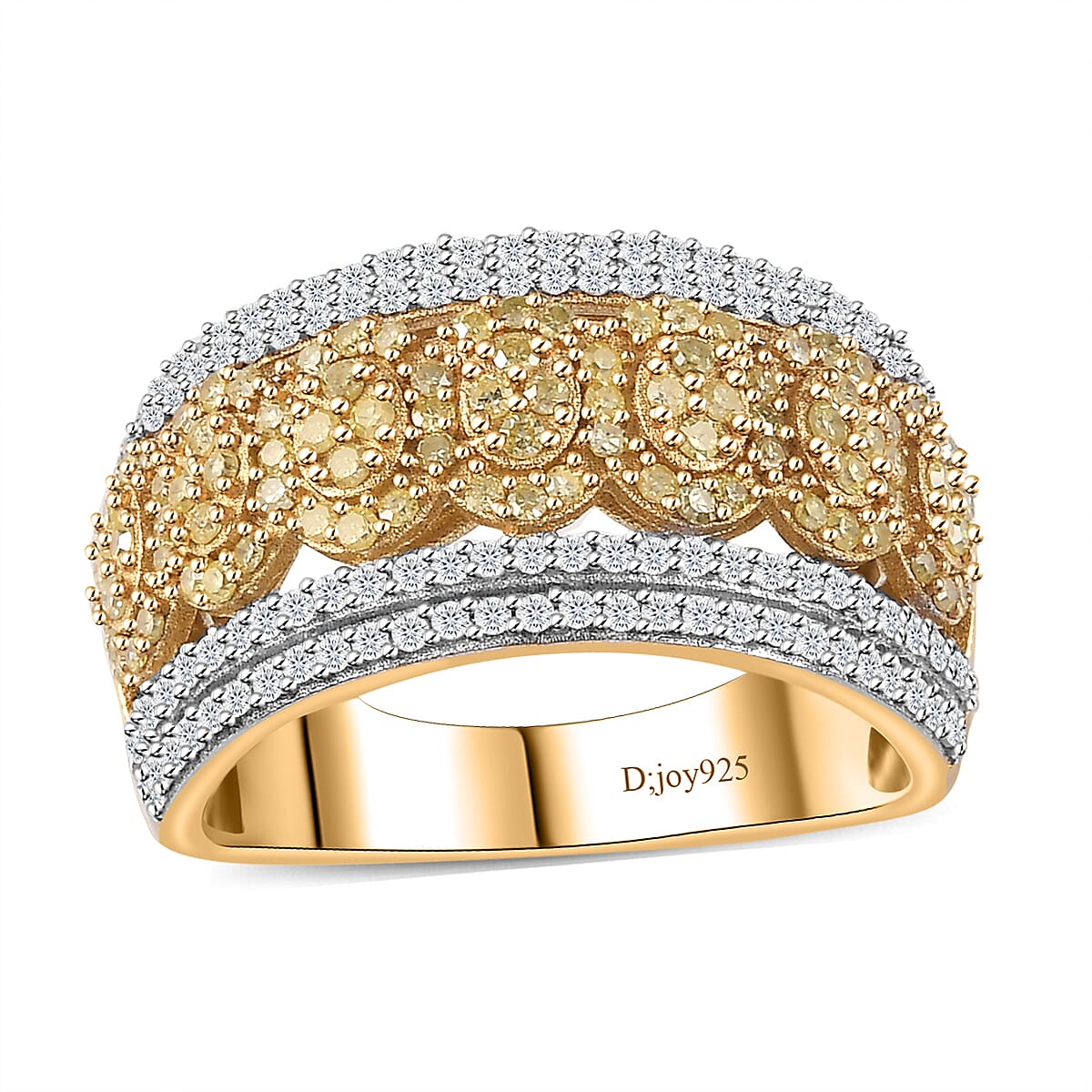 Natural Yellow Diamond (I3), White Diamond Band Ring in 18K Vermeil YG Over Sterling Silver (Size 10.0) 1.00 ctw