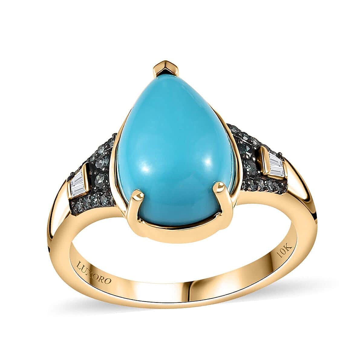Epic Deal Luxoro 10K Yellow Gold Premium Sleeping Beauty Turquoise, Blue Diamond (IR) and White Diamond (G-H, I2) (0.20 cts) Ring (Size 7.0) 3.85 ctw