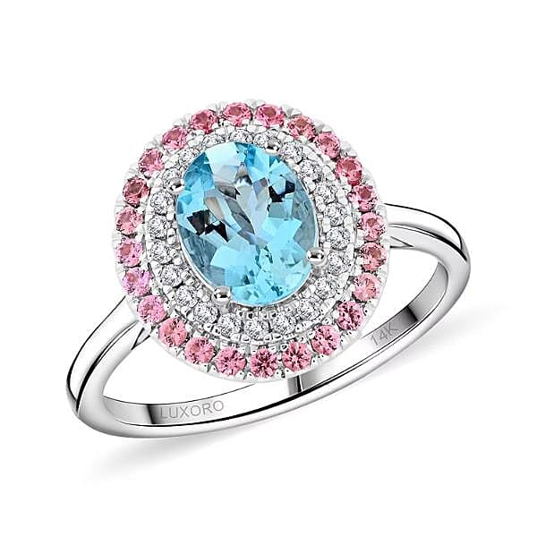 Tony Diniz Collection Certified & Appraised Luxoro 14K White Gold AAA Santa Maria Aquamarine and Pink Spinel, Diamond (G-H, I2) (0.18 cts) Ring (Size 10.0) (4.50 g) 2.25 ctw