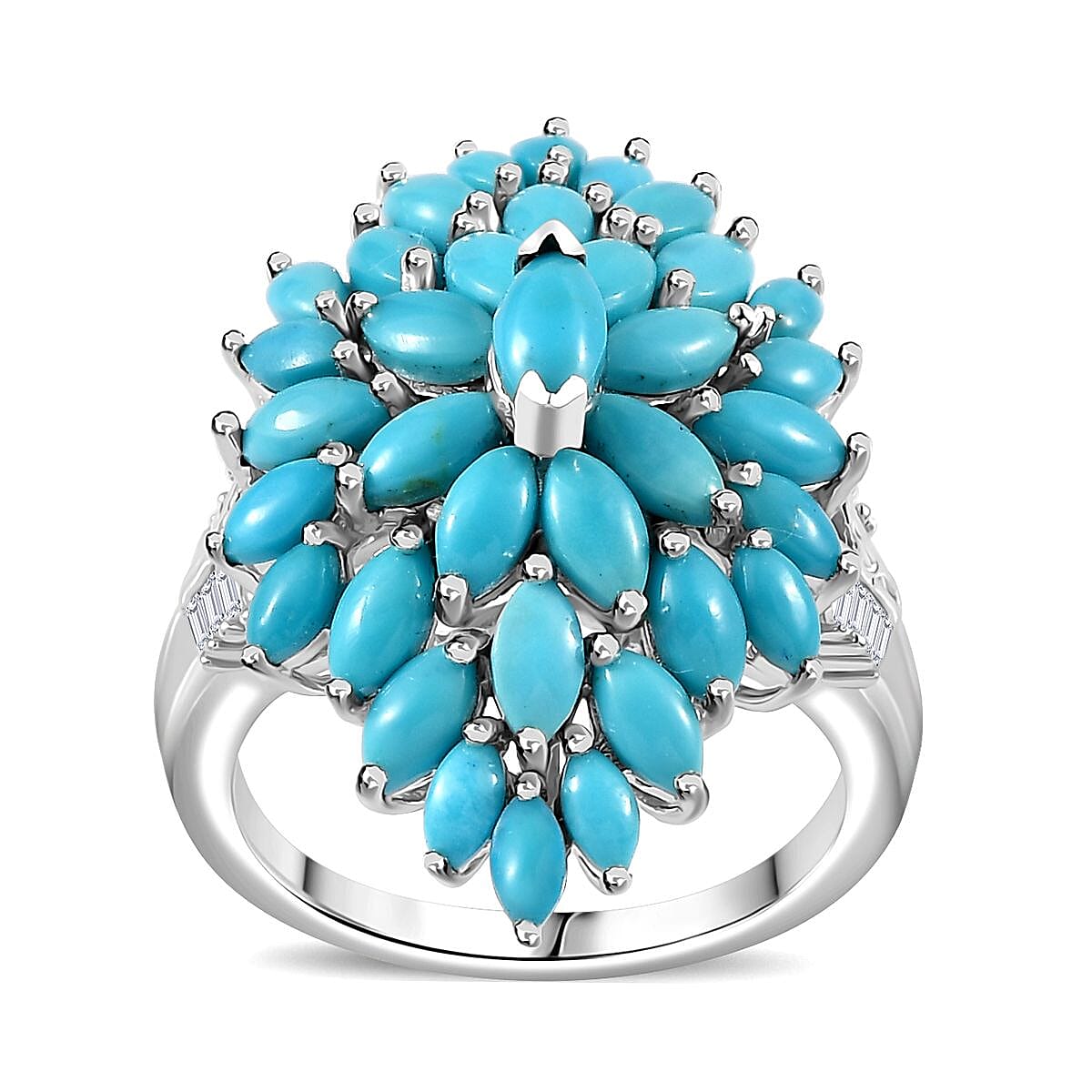Sleeping Beauty Turquoise, White Zircon Floral Spray Ring in Rhodium Over Sterling Silver (Size 10.0) 4.60 ctw