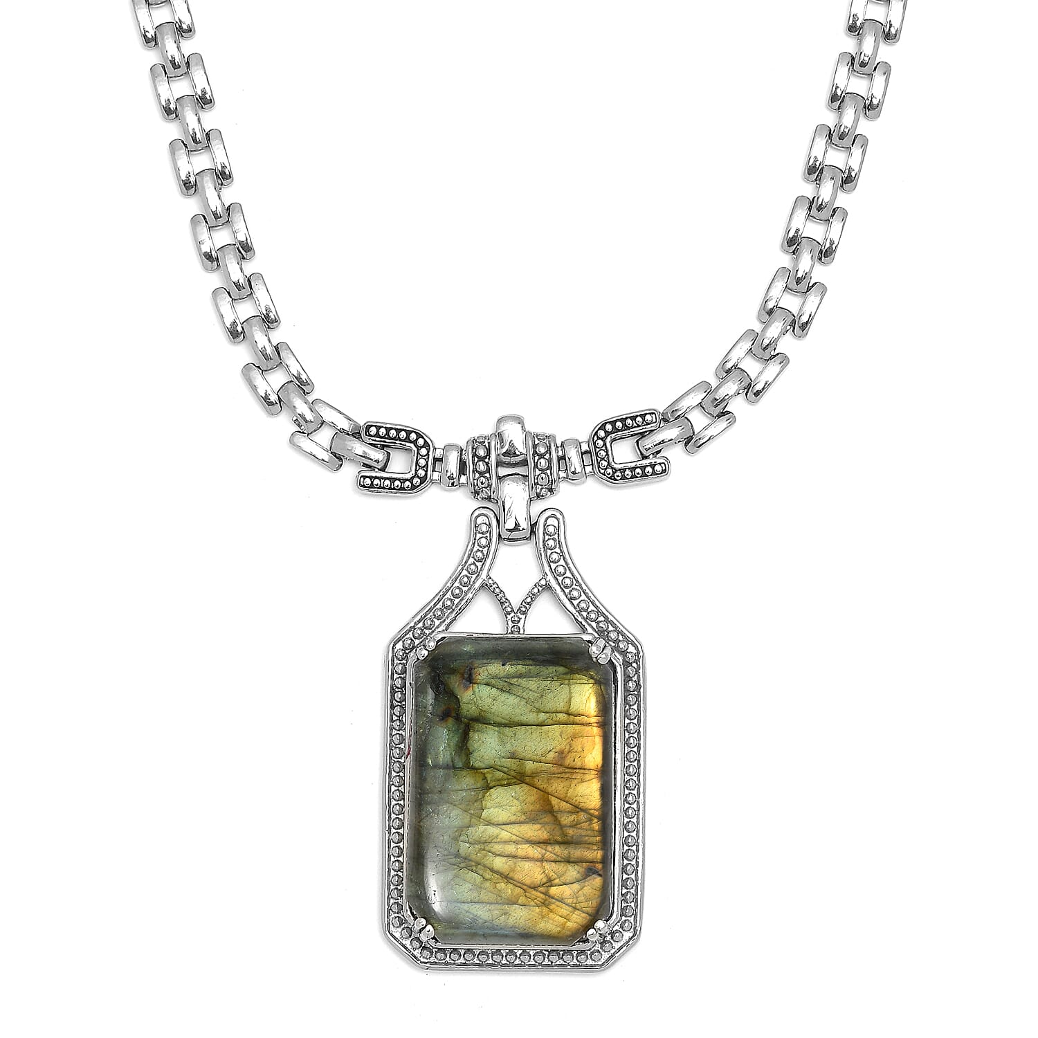 Malagasy Labradorite Men's Necklace (18 Inches) in Stainless Steel 45.15 ctw