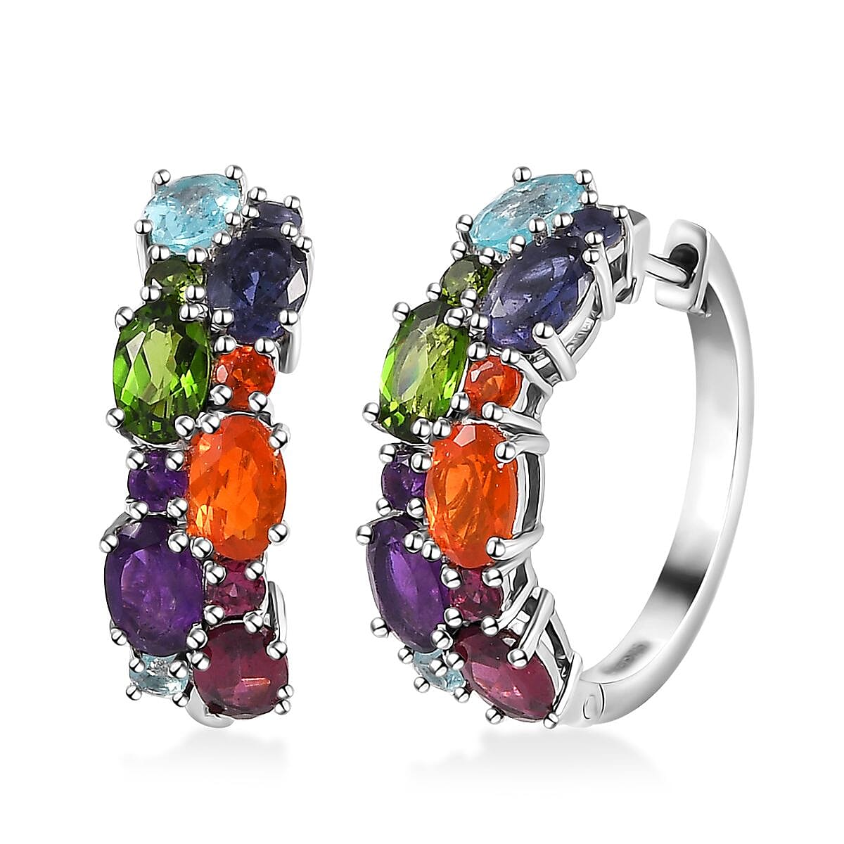 TLV Multi Gemstone Hoop Earrings in Platinum Over Sterling Silver 6.15 ctw
