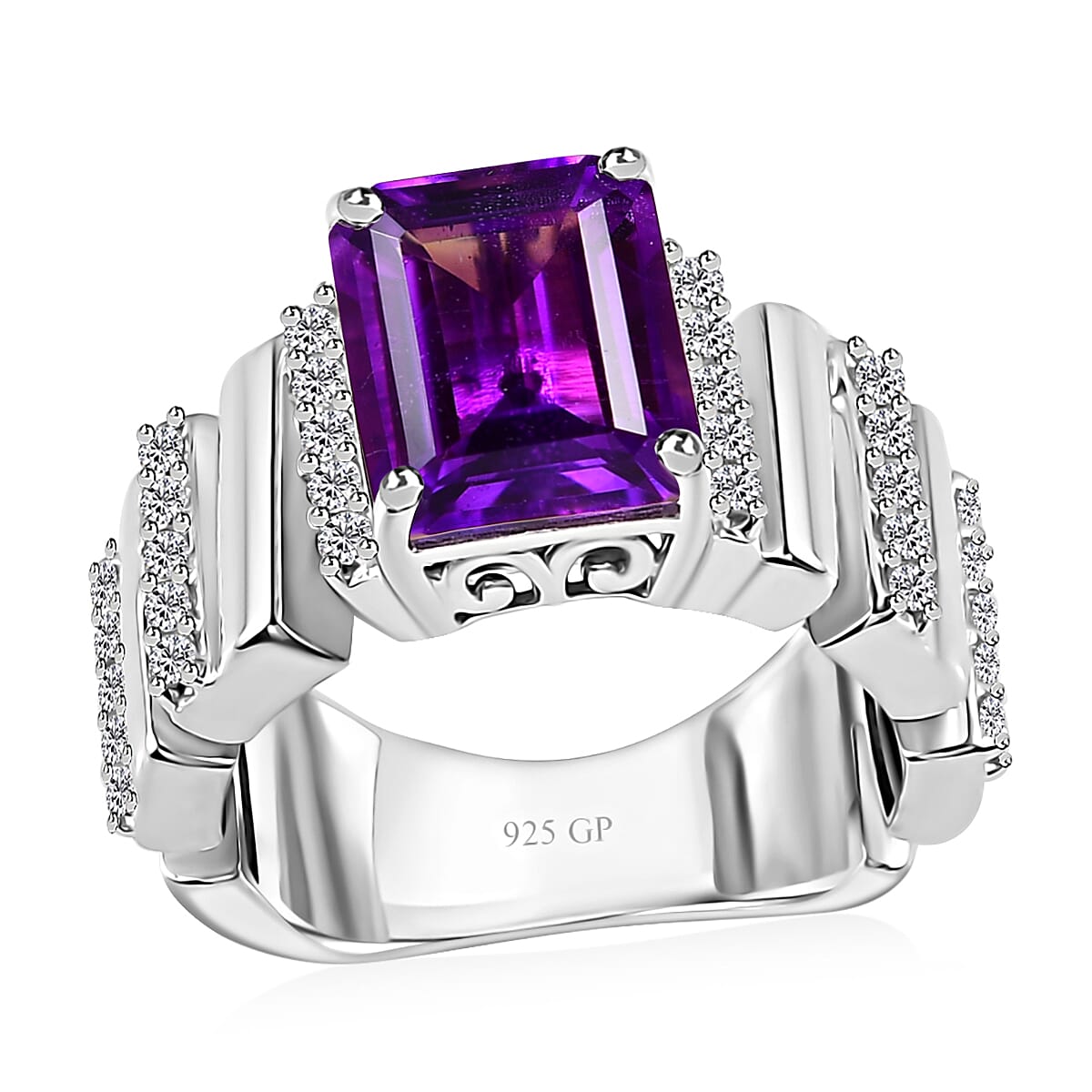 GP Premium Moroccan Amethyst, White Zircon Ring in Rhodium Over Sterling Silver (Size 10.0) 4.00 ctw