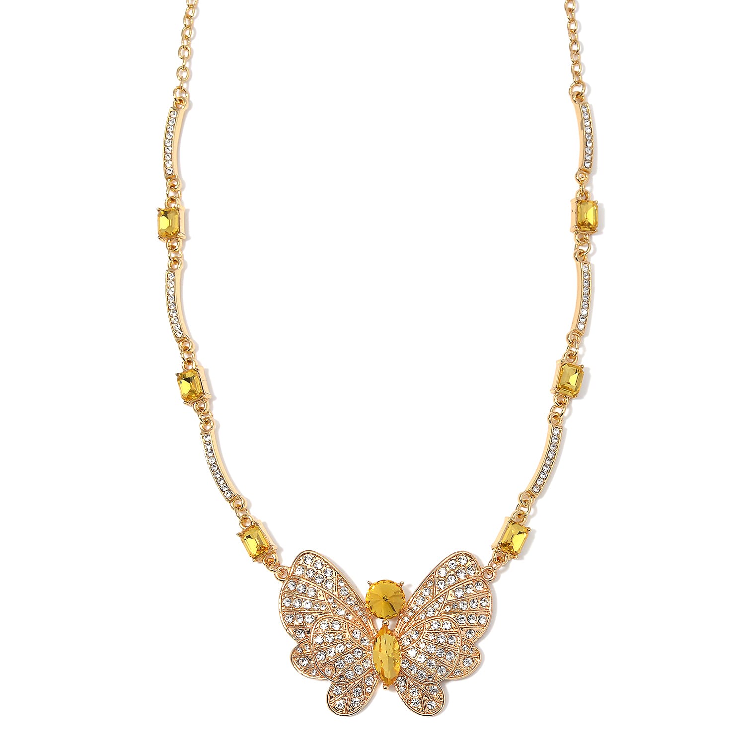 TLV Yellow Glass, Austrian Crystal Butterfly Necklace (20-22 Inches) and Earrings in Goldtone