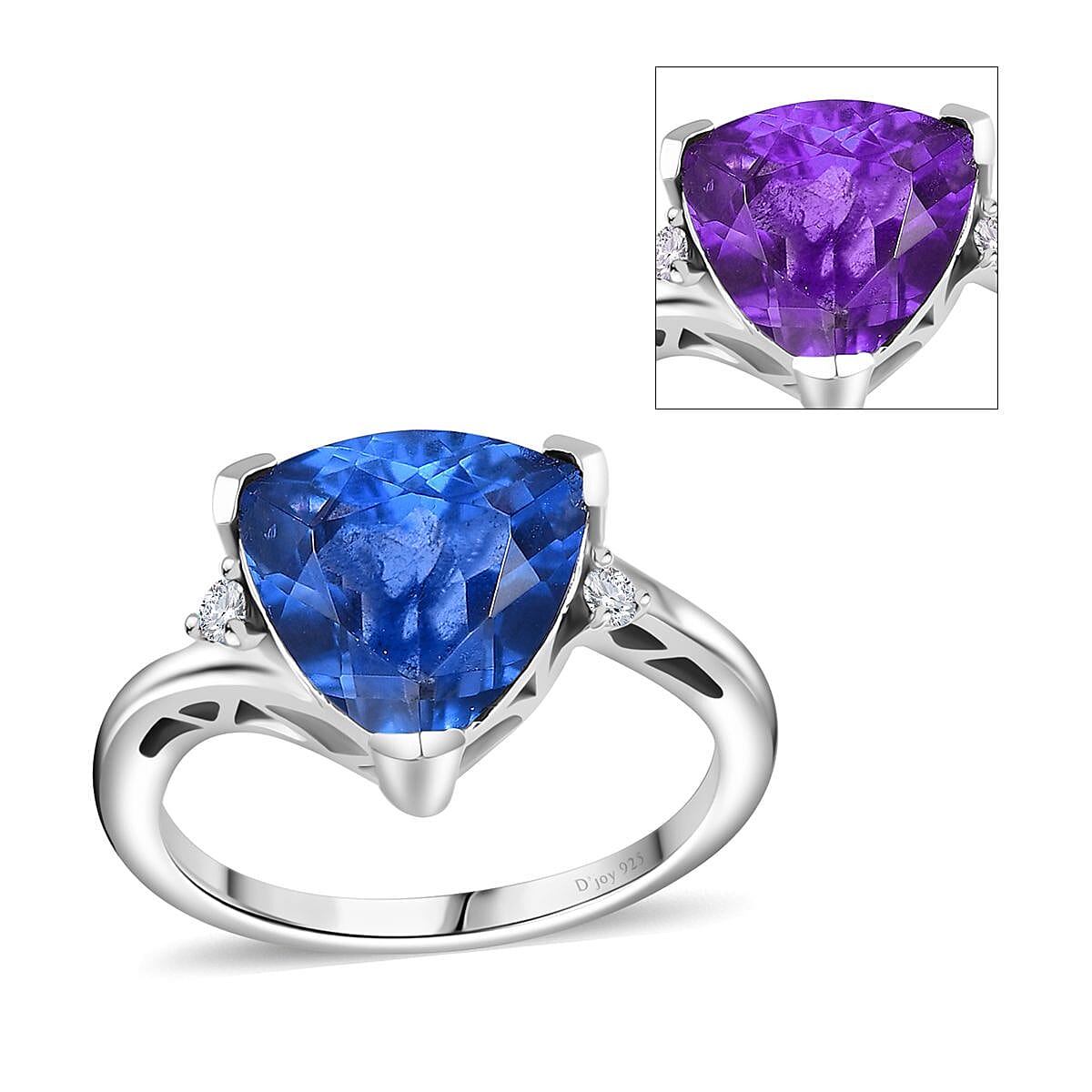 Color Change Fluorite (IR), Moissanite Ring in Rhodium Over Sterling Silver (Size 6.0) 5.20 ctw