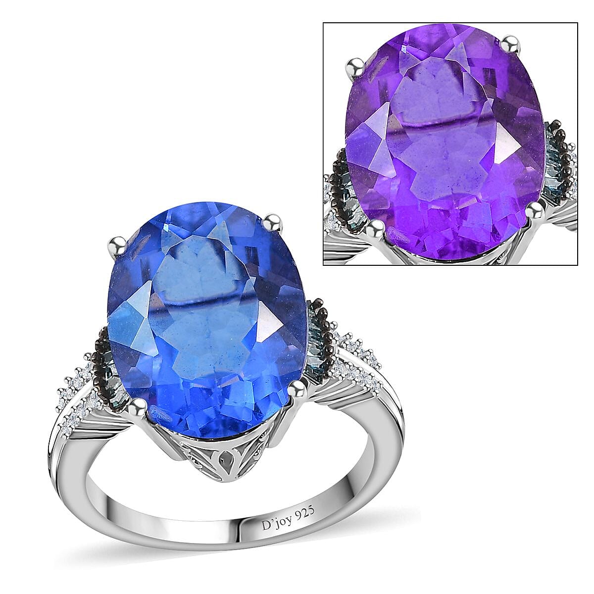 Epic Deal Color Change Fluorite (IR), Blue Diamond (IR), Diamond (0.20 cts) Ring in Rhodium Over Sterling Silver (Size 10.0) 11.35 ctw