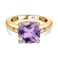 Premium Rose De France Amethyst and White Zircon 4.32 ctw Solitaire Ring in 18K Vermeil Yellow Gold Over Sterling Silver (Size 9.0)