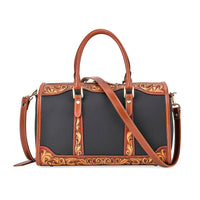 Grand Pelle Royal Collection Black with Solid Color Hand Engraving Pattern Genuine Leather Crossbody Bag with Handle Drop and Shoulder Strap