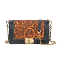 Grand Pelle Balck with Solid Color Hand Engraving Flower Genuine Leather Crossbody (9.8"x3.5"x5.5") with Half Chain and Half Leather Long Strap 51.1" - Sticky add to cart bar