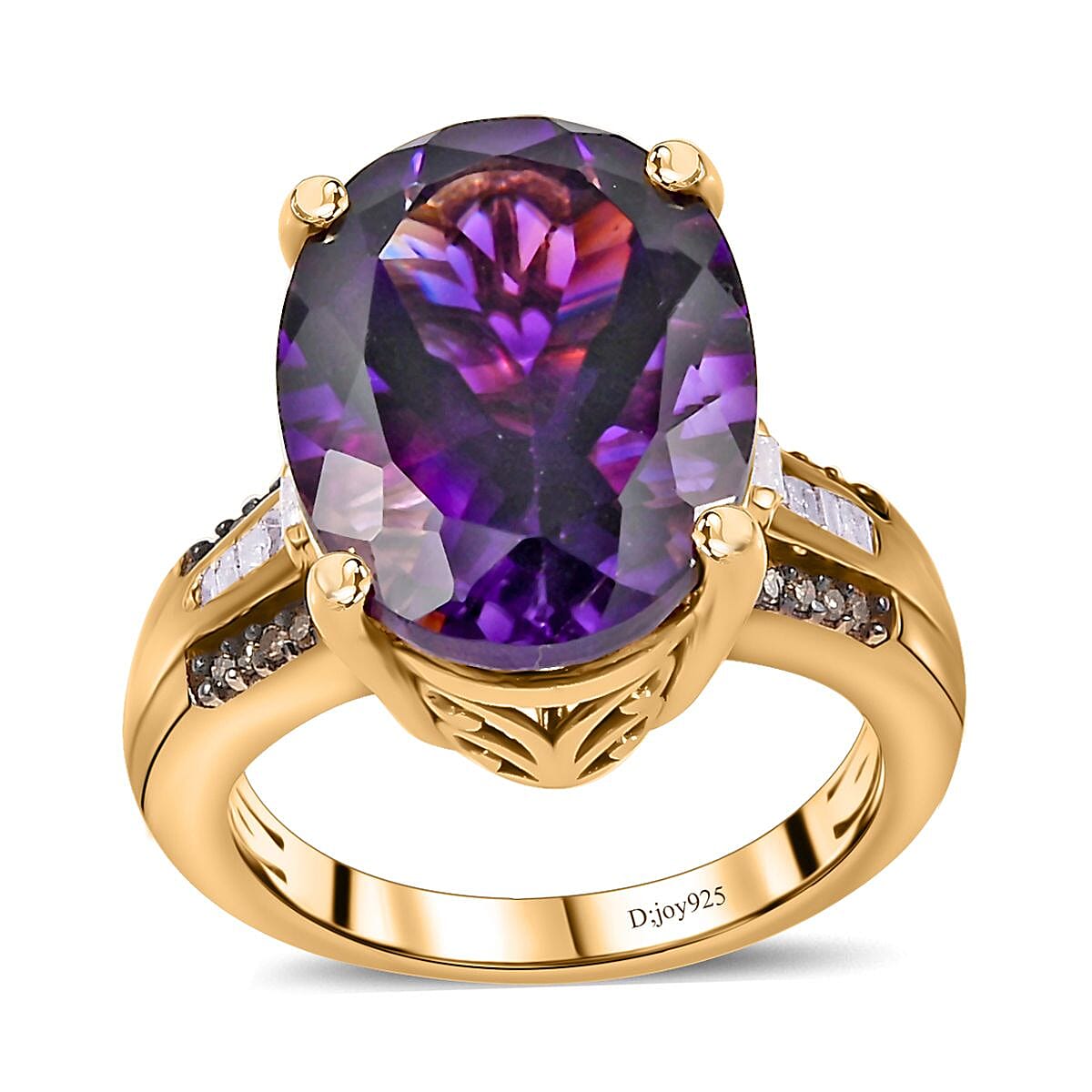 AAA Moroccan Amethyst, Champagne and White Diamond (0.20 cts) Ring in 18K Vermeil YG Over Sterling Silver (Size 10.0) 8.90 ctw