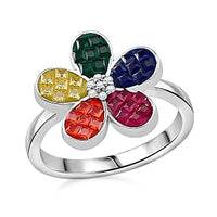 Simulated Multi Color Diamod Ring in Rhodium Over Sterling Silver (Size 8.0)