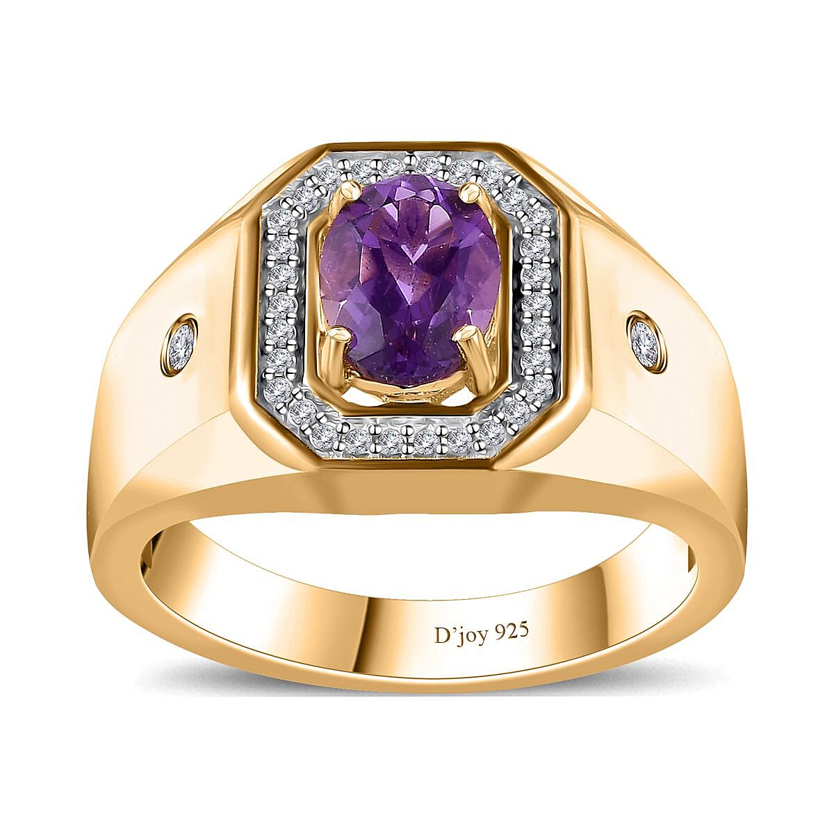 Uruguayan Amethyst and White Zircon Men's Ring in Vermeil Yellow Gold Over Sterling Silver 1.50 ctw