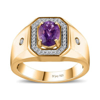 Uruguayan Amethyst and White Zircon Men's Ring in Vermeil Yellow Gold Over Sterling Silver 1.50 ctw