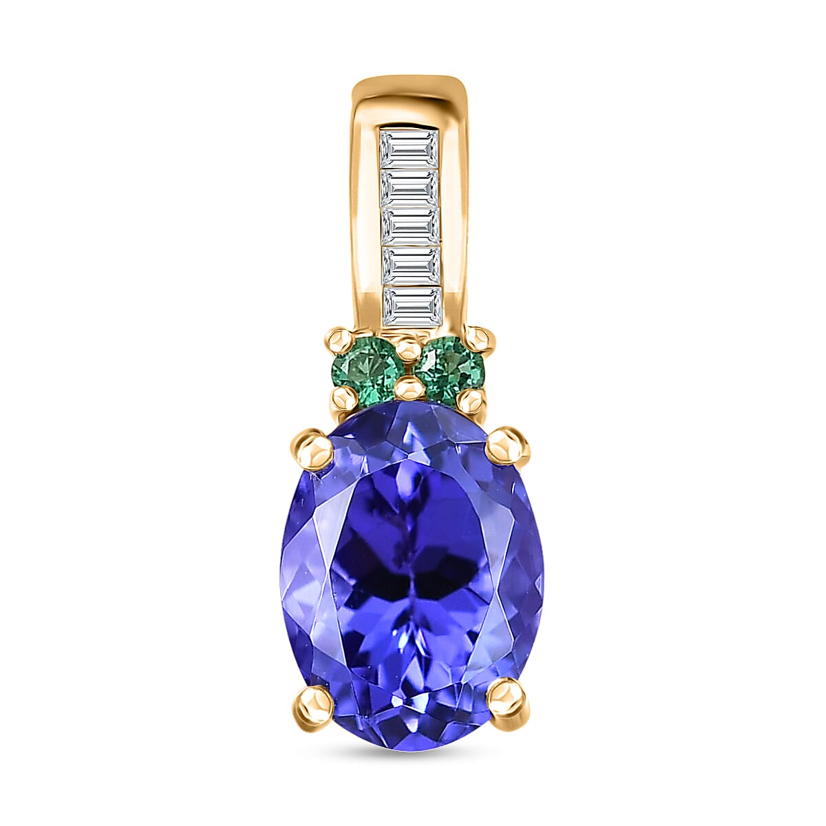 Luxoro 14K Yellow Gold AAA Tanzanite, AAAA Boyaca Colombian Emerald and G-H I2 Diamond Pendant without Chain 1.50 ctw