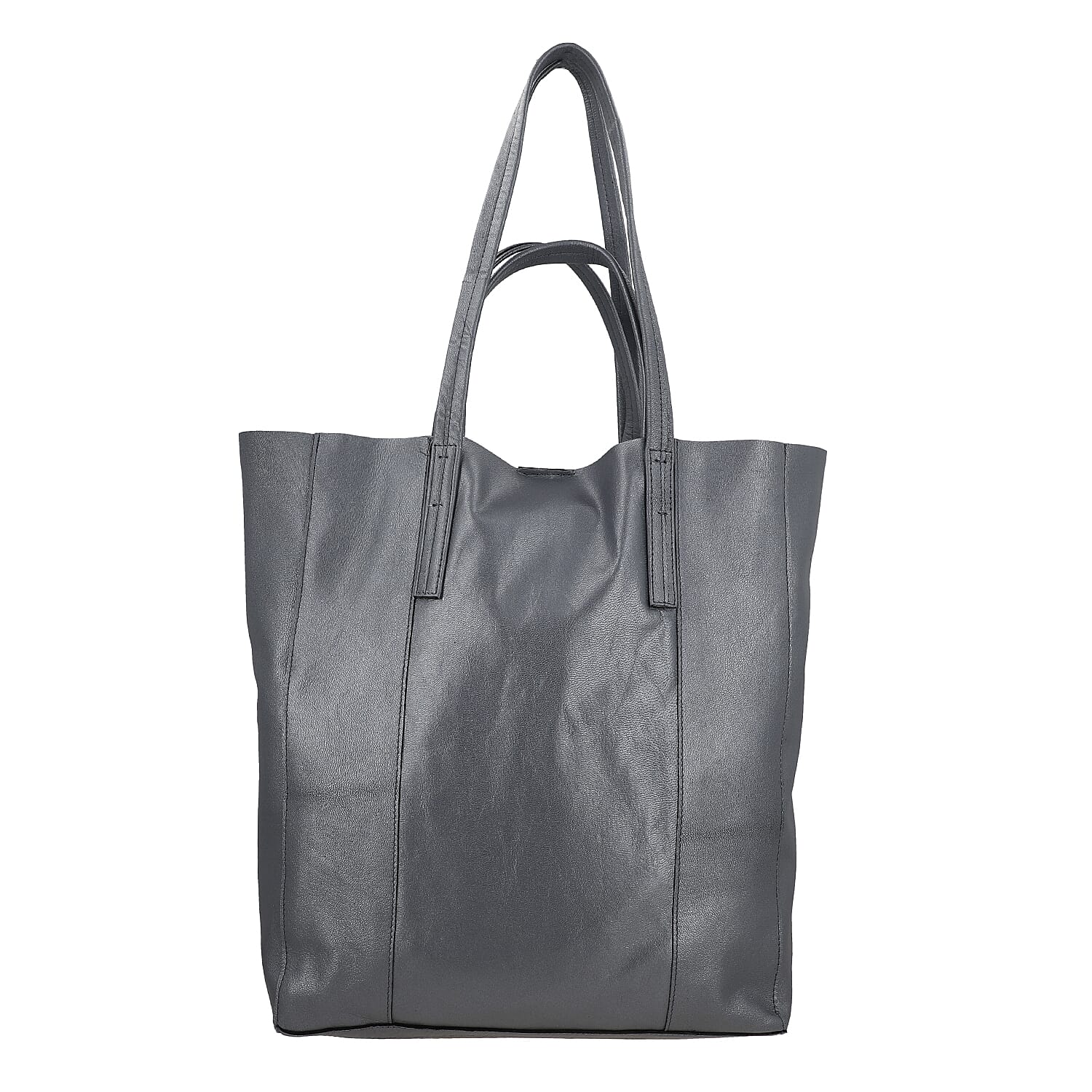 100% Genuine Leather unlined metalic tote Bag   Size:12.5(L)x4.75(W)x15(H) Inch Color:Silver