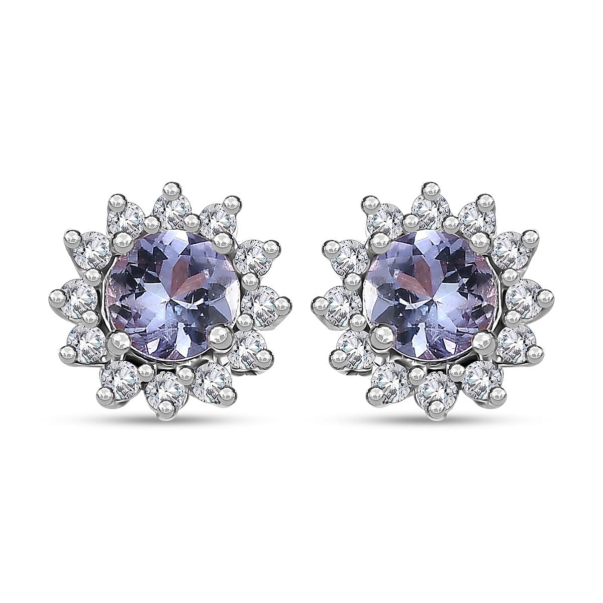 Tanzanite and White Zircon Sunburst Stud Earrings in Rhodium Over Sterling Silver 1.00 ctw