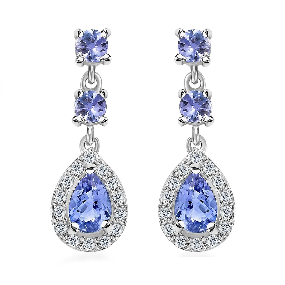 Tanzanite and White Zircon Drop Earrings in Rhodium Over Sterling Silver 1.50 ctw