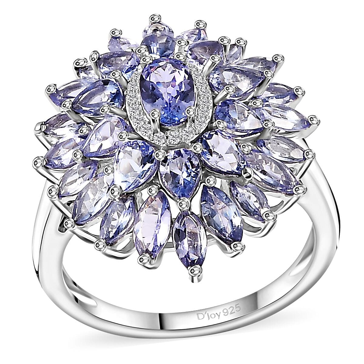 Tanzanite, White Zircon Floral Ring in Rhodium Over Sterling Silver (Size 10.0) 4.35 ctw