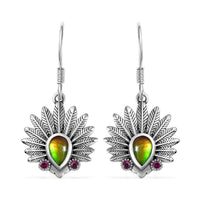Artisan Crafted Canadian Ammolite and Orissa Rhodolite Garnet Native American Head Earrings in Black Oxidized Sterling Silver 0.25 ctw