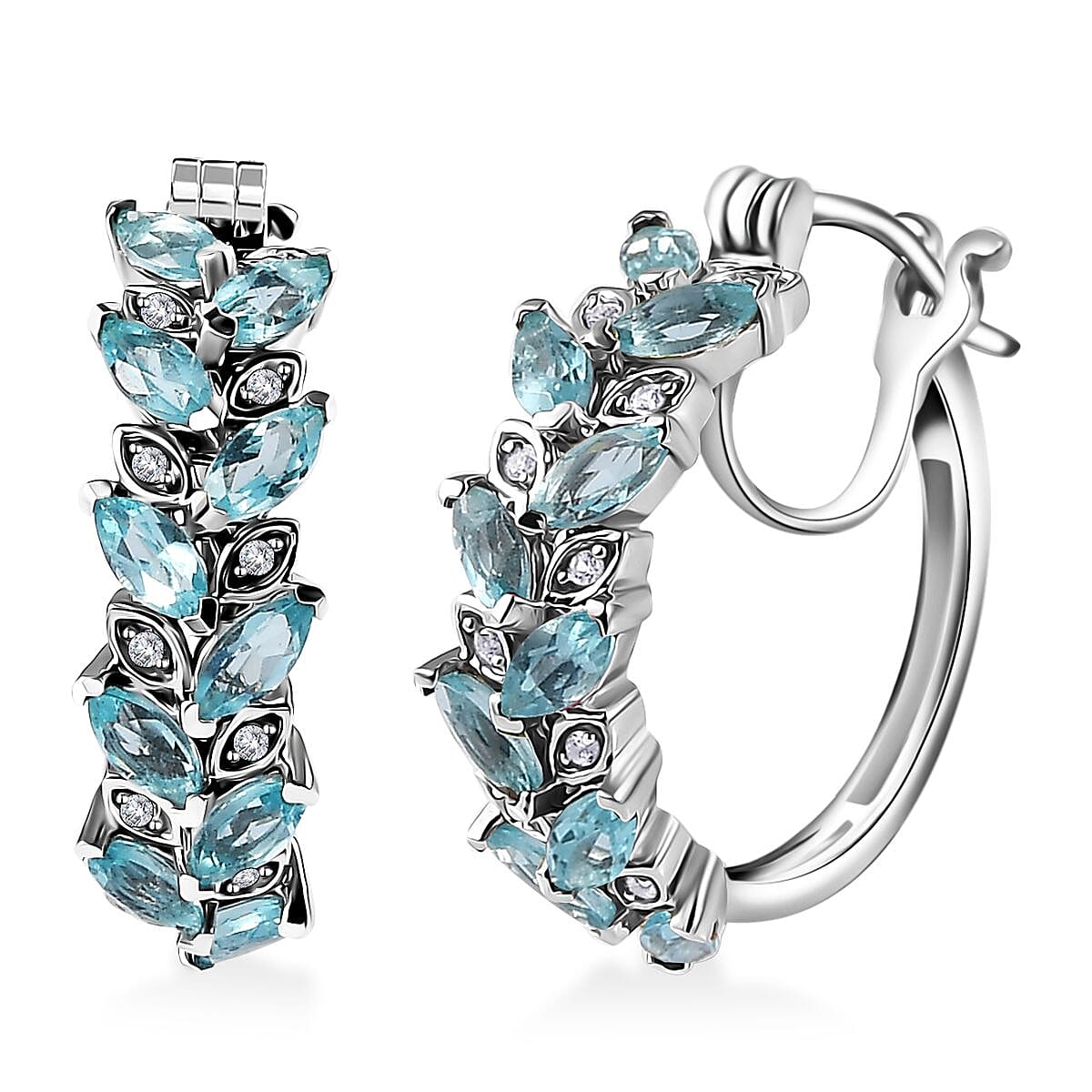 Madagascar Paraiba Apatite, White Zircon Hoop Earrings in Platinum Over Sterling Silver 3.35 ctw