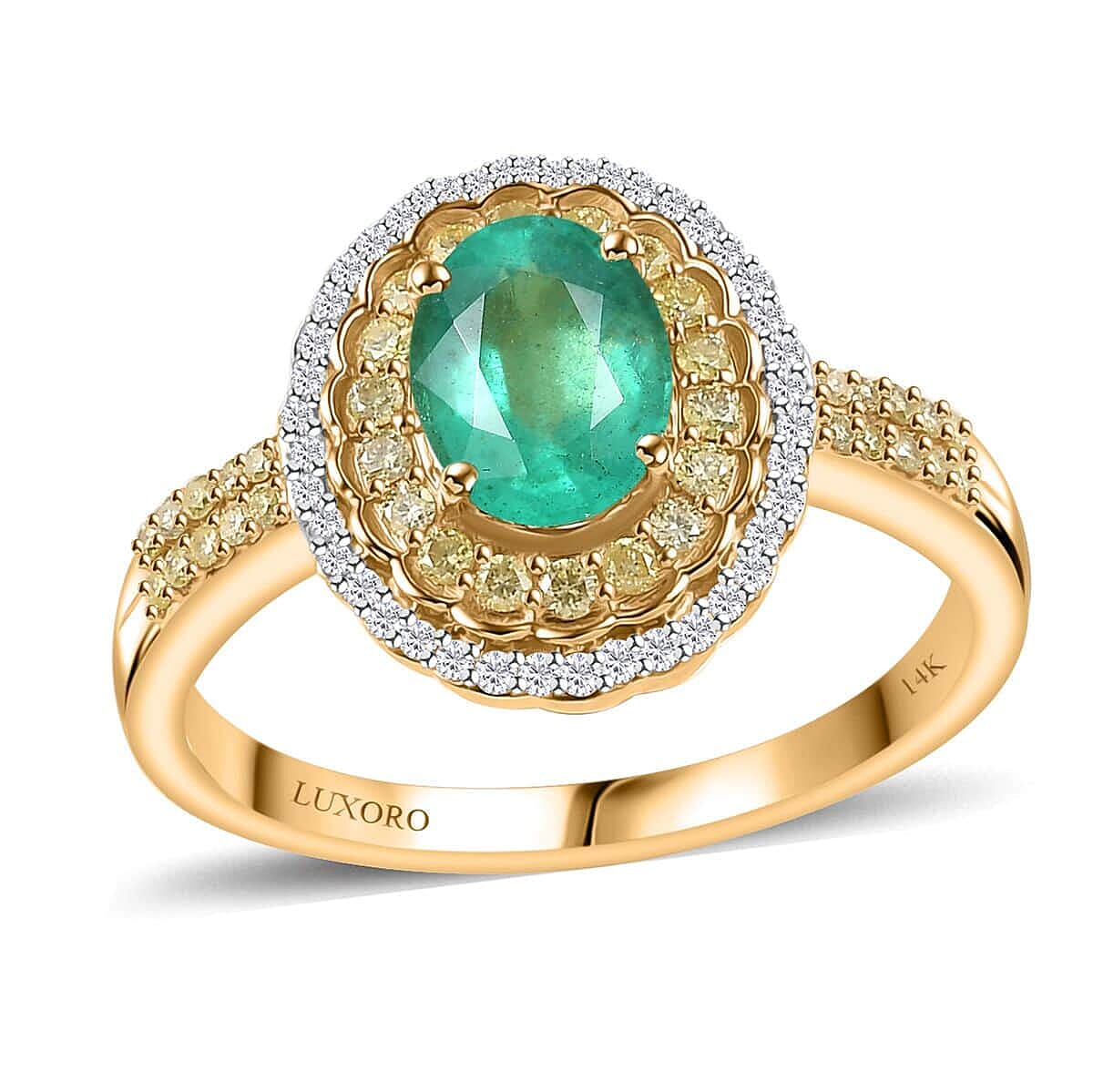 Luxoro 14K Yellow Gold AAA Boyaca Colombian Emerald, Yellow Diamond (I2), Diamond (G-H, I2) (0.50 cts) Ring (Size 10.0) (4.65 g) 1.75 ctw