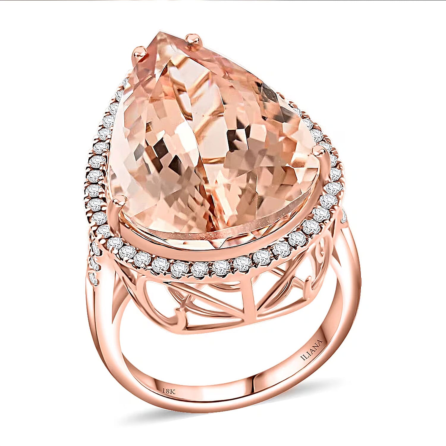 Certified & Appraised ILIANA 18K Rose Gold AAA Marropino Morganite and G-H SI Diamond Ring 7.50 Grams 21.00 ctw