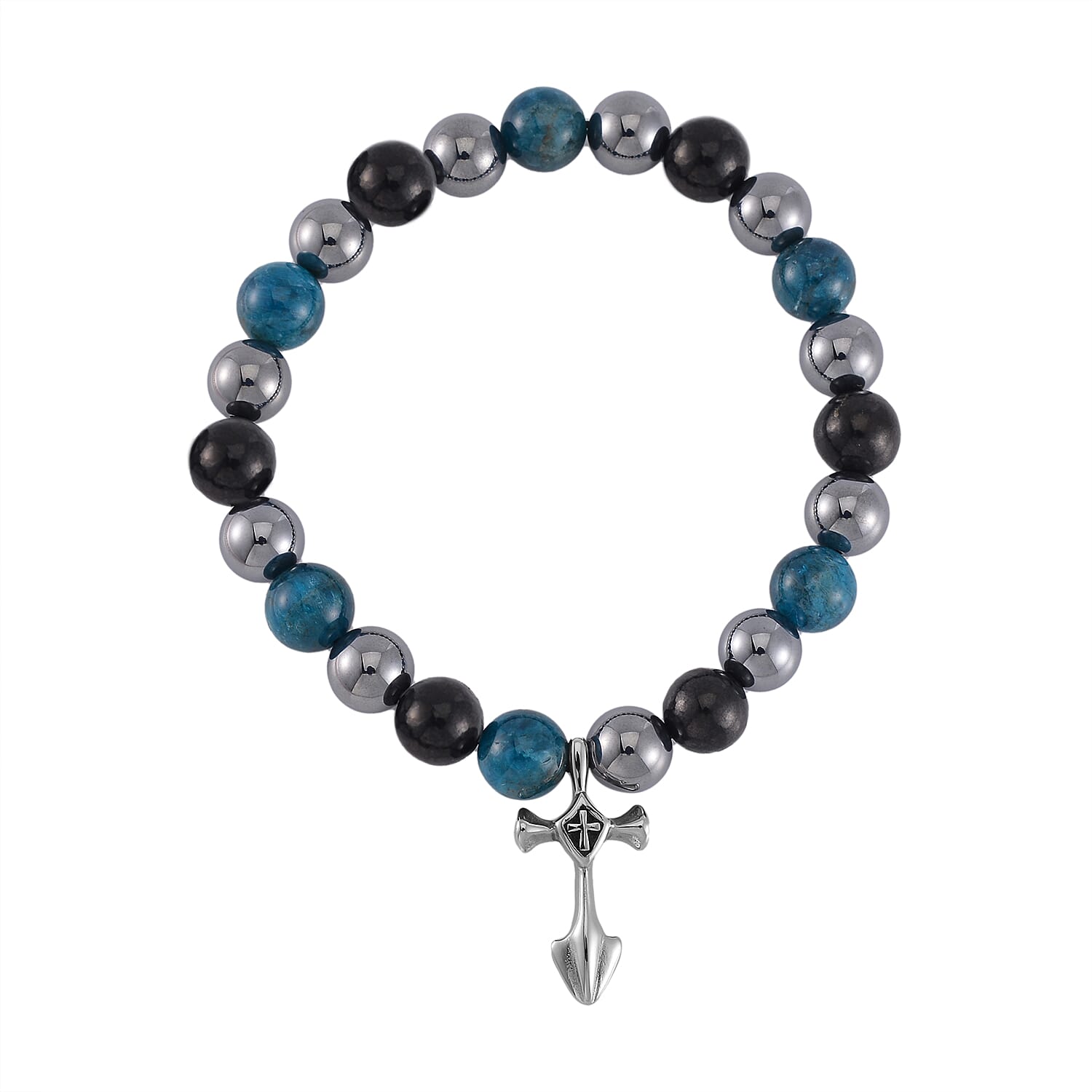 Terahertz, Blue Apatite and Shungite Beaded Stretch Bracelet with Cross Charm in Stainless Steel 137.00 ctw