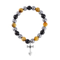 Terahertz, Tigers Eye and Shungite Beaded Stretch Bracelet with Cross Charm in Stainless Steel 137.00 ctw - Sticky add to cart bar