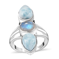 Artisan Crafted Premium Larimar, Rainbow Moonstone Ring in Sterling Silver (Size 10.0) 6.10 ctw