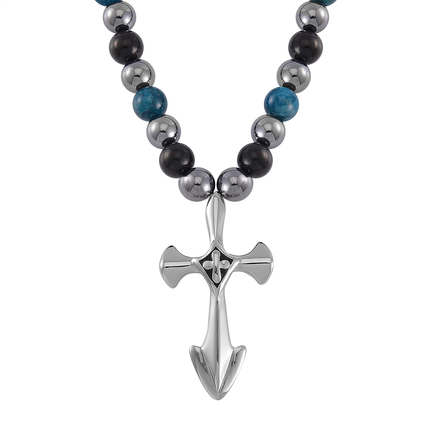 Terahertz, Blue Apatite and Shungite Beaded Necklace (24 Inches) in Sterling Silver with Stainless Steel Cross Charm 375.00 ctw