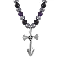 Terahertz, Amethyst and Shungite Beaded Necklace (24 Inches) with in Sterling Silver with Stainless Steel Cross Charm 375.00 ctw