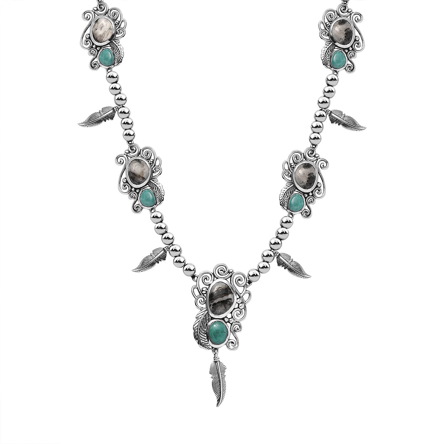 Artisan Crafted Sierra Nevada Turquoise and White Buffalo Feather Necklace 18-20 Inches in Black Oxidized Sterling Silver 25.50 ctw