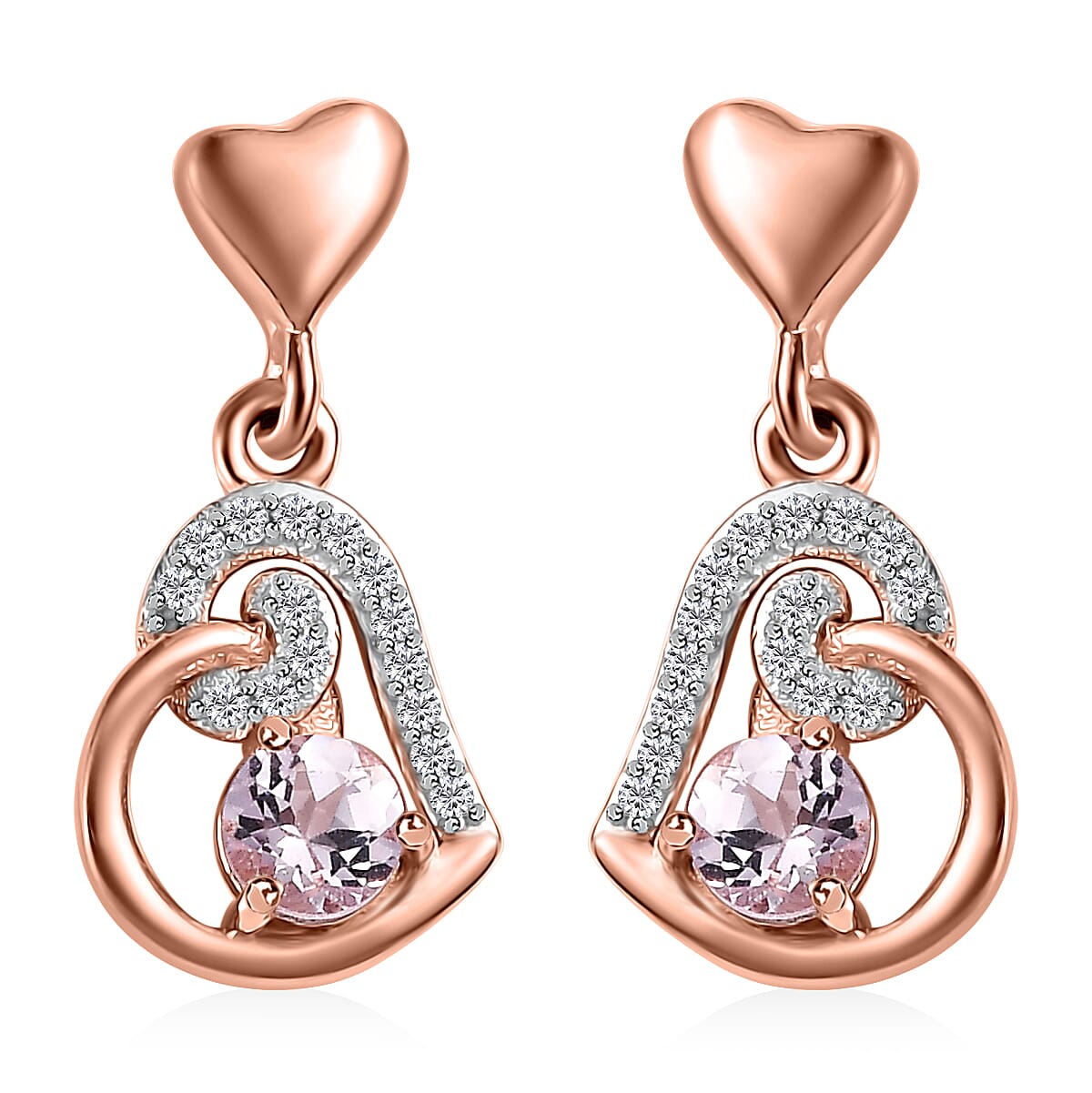 Narsipatnam Pink Spinel and White Zircon Heart Earrings in 18K Vermeil Rose Gold Over Sterling Silver 0.75 ctw
