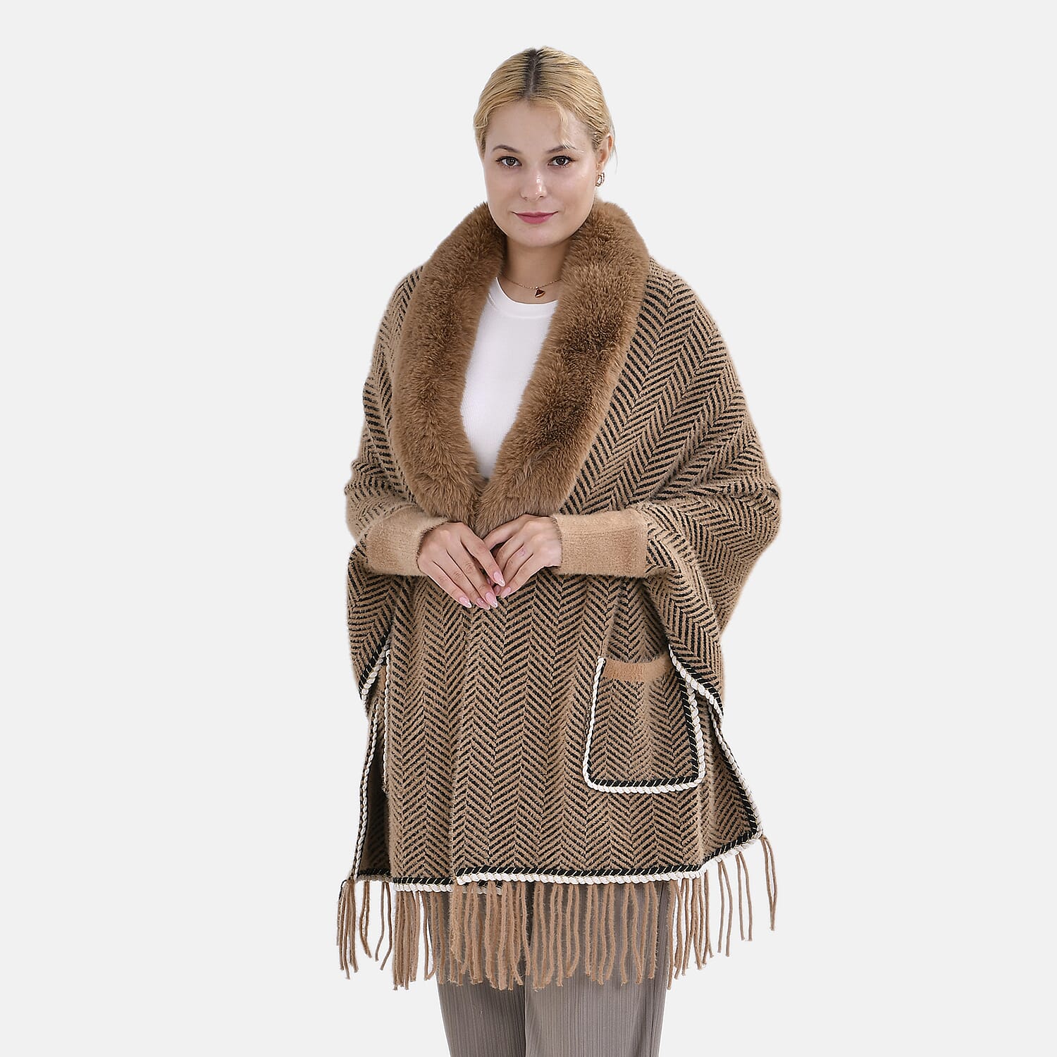 Khaki Faux Fur Cape with Tassel - One Size Fits Most