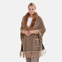 Khaki Faux Fur Cape with Tassel - One Size Fits Most