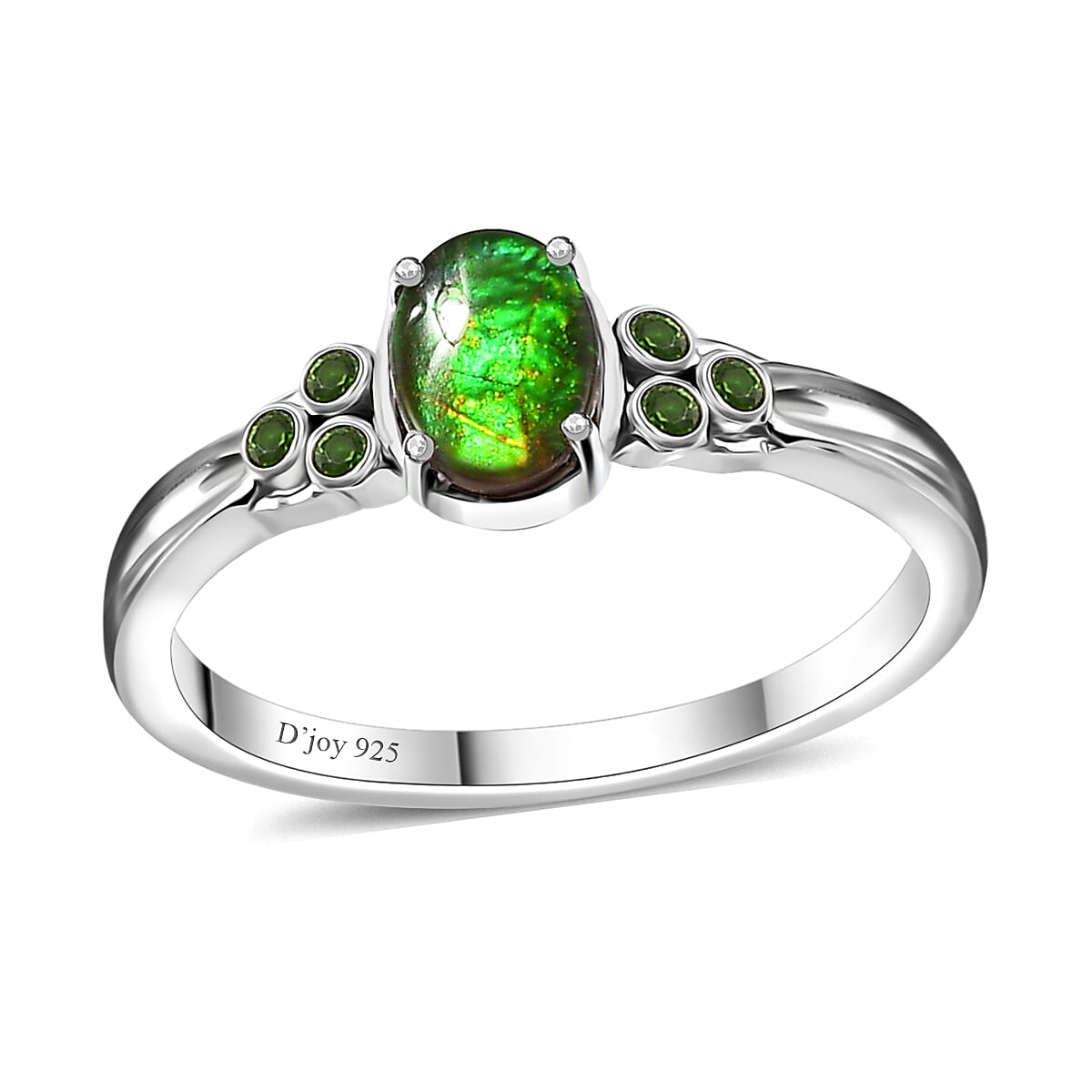 Canadian Ammolite (Ovl 7x5mm), Chrome Diopside Ring in Platinum Over Sterling Silver (Size 10.0) 0.07 ctw