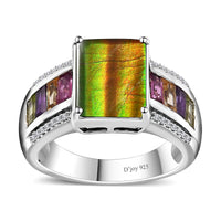 Canadian Ammolite (Rect 10x8mm), Multi Gemstone Ring in Platinum Over Sterling Silver (Size 6.0) 1.20 ctw