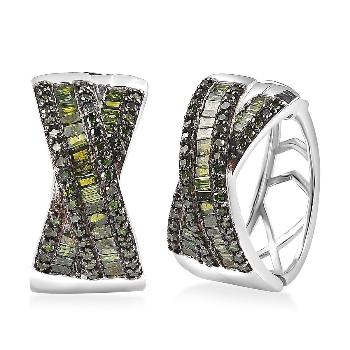 Green Diamond Hoop Earrings in Rhodium Over Sterling Silver 1.00 ctw