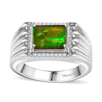 Canadian Ammolite, White Zircon Men's Ring in Platinum Over Sterling Silver (Size 12.0) 0.15 ctw