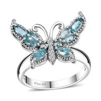 Betroka Blue Apatite, White Zircon Butterfly Ring in Rhodium Over Sterling Silver (Size 10.0) 1.25 ctw