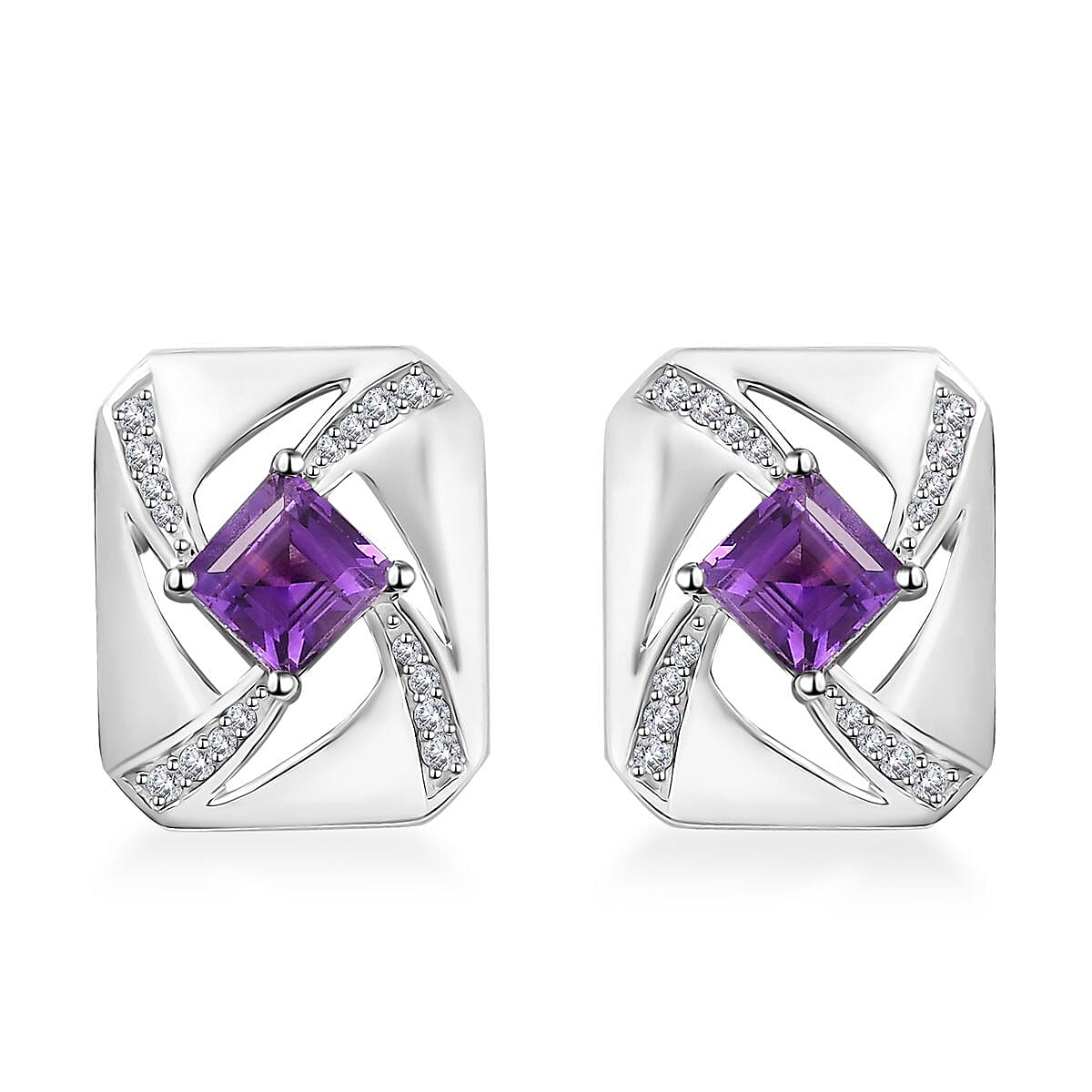 GP Art Deco Collection Premium Moroccan Amethys and White Zircon Stud Earrings in Rhodium Over Sterling Silver 1.70 ctw