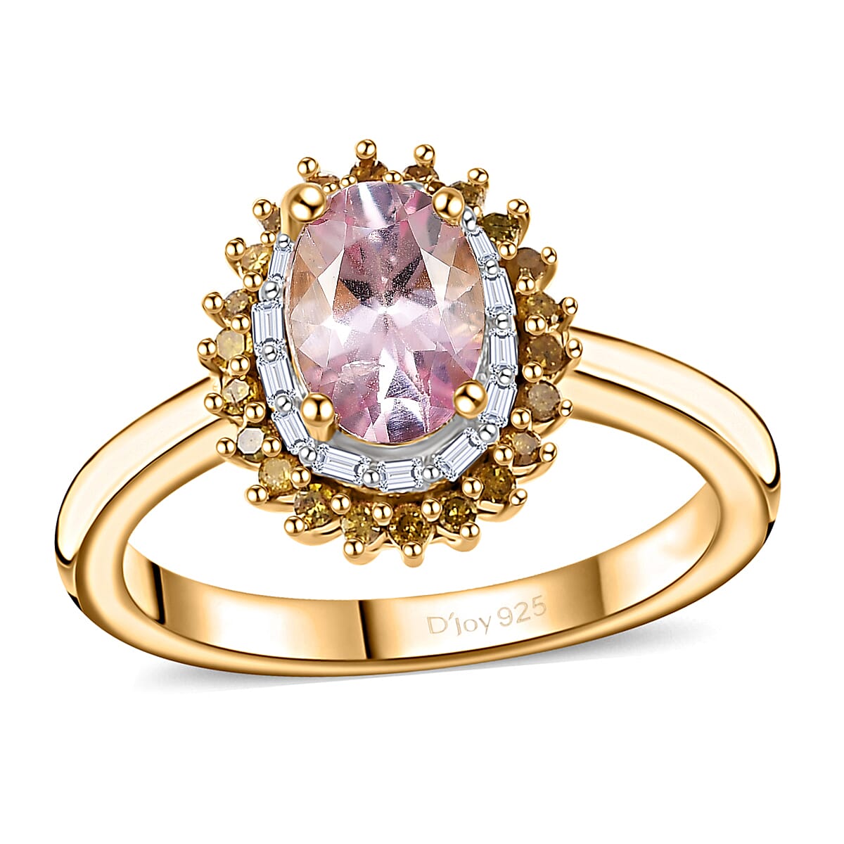 Epic Deal Narsipatnam Pink Spinel, Yellow Diamond (IR), White Diamond Double Halo Ring in 18K Vermeil YG Over Sterling Silver (Size 10.0) 1.10 ctw