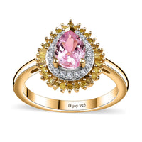 Epic Deal Narsipatnam Pink Spinel, Yellow Diamond (IR), White Diamond Double Halo Ring in 18K Vermeil YG Over Sterling Silver (Size 10.0) 1.00 ctw