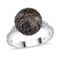 Tahitian Cultured Pearl and Moissanite Lotus Carved Ring in Rhodium Over Sterling Silver (Size 10.0) 0.15 ctw