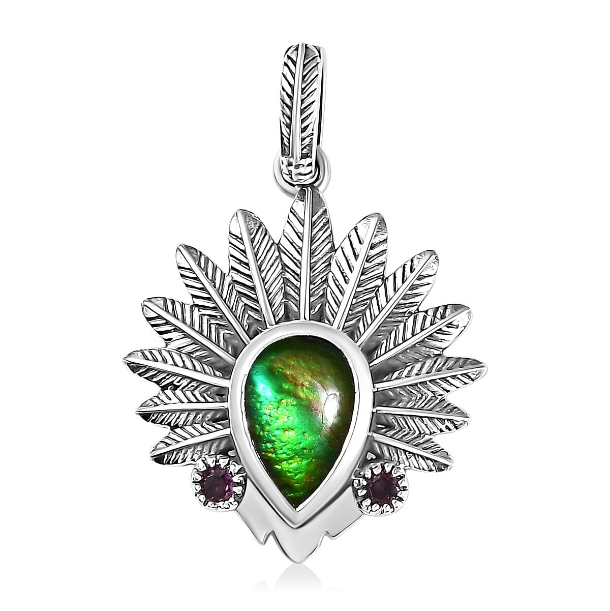 Artisan Crafted Canadian Ammolite and Orissa Rhodolite Garnet Native American Head Pendant in Black Oxidized Sterling Silver 0.15 ctw