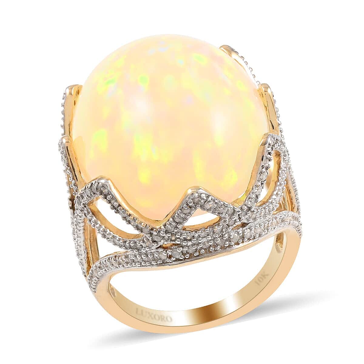 Luxoro 10K Yellow Gold Ethiopian Welo Opal and G-H I3 Diamond Ring 7.40 Grams 28.35 ctw