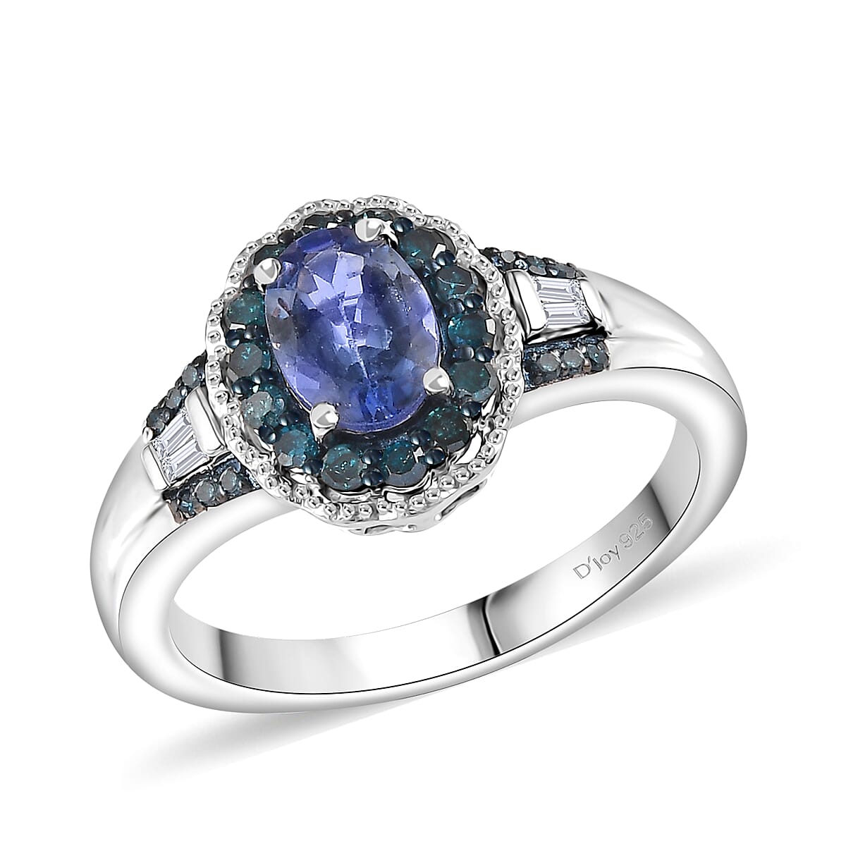 TLV Peacock Tanzanite, Blue Diamond (IR), Diamond Halo Ring in Platinum Over Sterling Silver (Size 7.0) 1.00 ctw