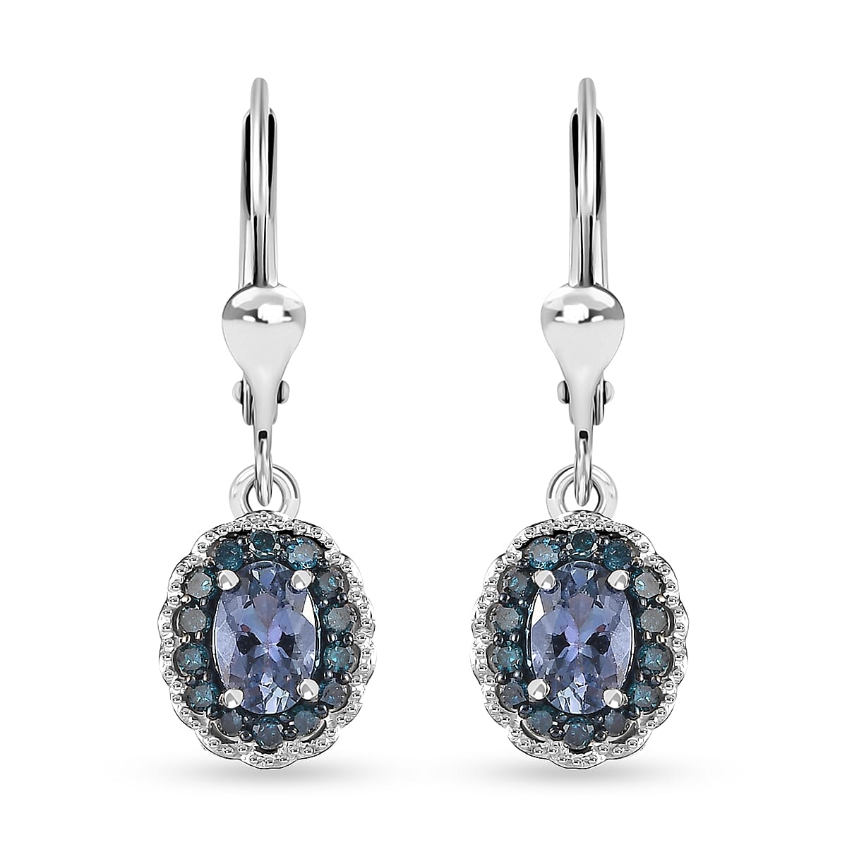 TLV Peacock Tanzanite, Blue Diamond (IR) (0.25 cts) Halo Earrings in Platinum Over Sterling Silver 1.25 ctw