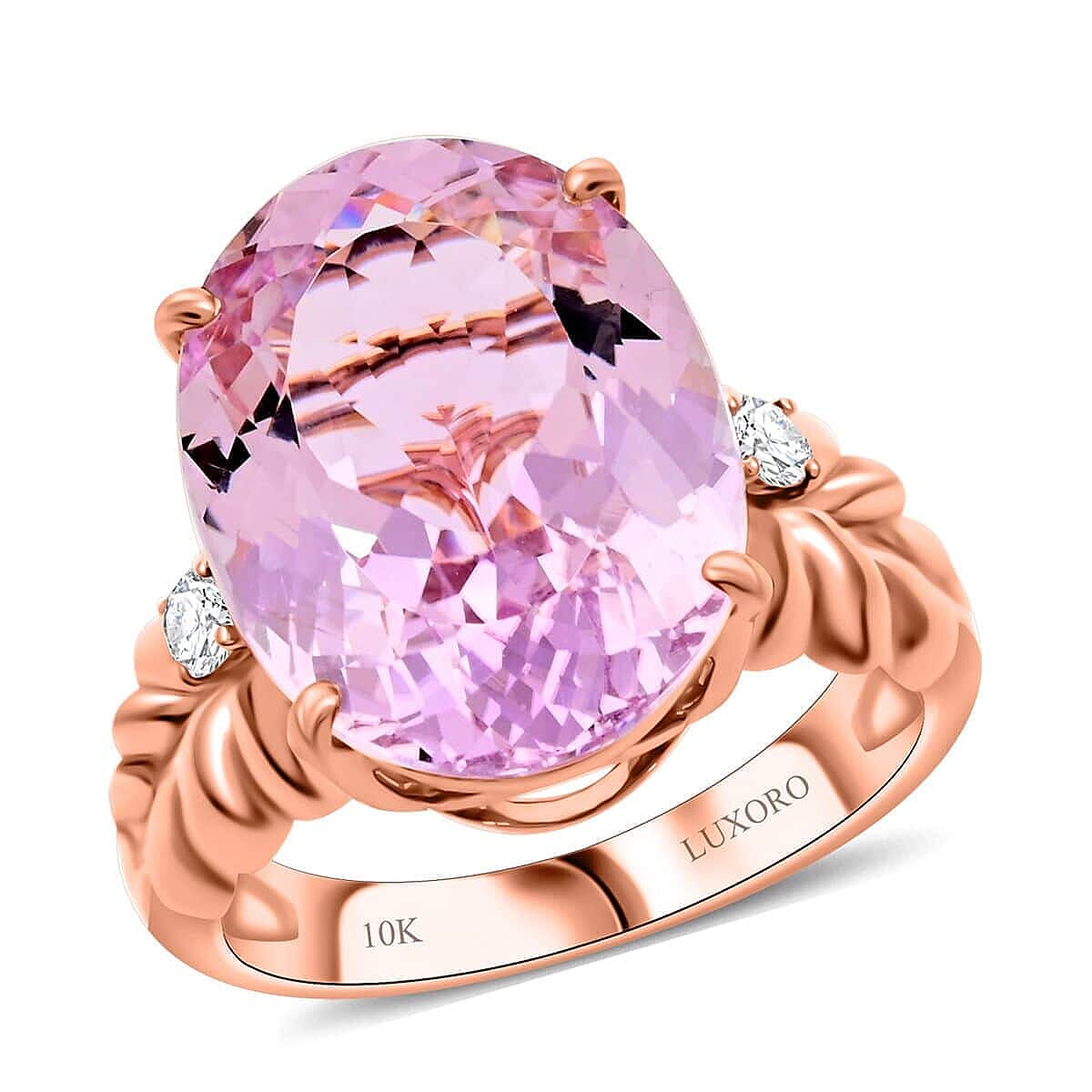 Certified & Appraised Luxoro 10K Rose Gold AAA Martha Rocha Kunzite, Diamond (G-H, I2) Ring (Size 10.0) (5 g) 12.00 ctw